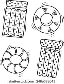 Un conjunto de dibujos animados con círculos inflables y colchones de natación para la piscina y el mar. Divertida Ilustración vectorial de juguetes de natación de verano