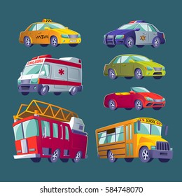 Cartoon set of isolated icons of urban transport. Fire truck, ambulance, police car, school bus, taxi, private cars.