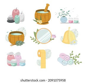 Cartoon set of items for bath and sauna. Accessories for spa treatments, hygiene products, cosmetics, flowers and herbs Wooden vat, barrel, ladle, mirror, towels, candles, shampoos, creams Flat vector