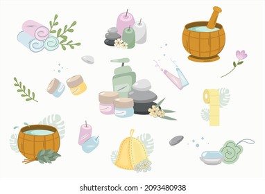 Cartoon set of items for a bath, sauna. Spa accessories, hygiene products, cosmetics, flowers and herbs Wooden tub, broom. bath hat, mirror, towels, candles, shampoos, creams, soap, washcloths. Vector