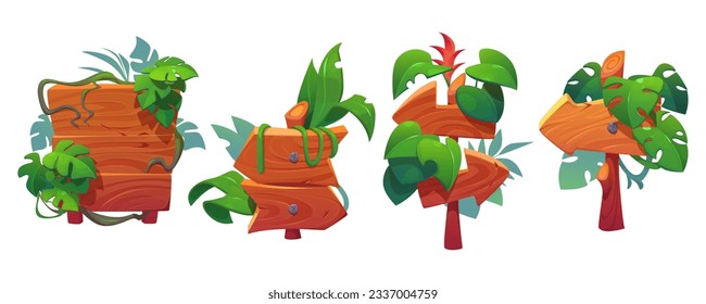 Cartoon set of jungle signboards isolated on white background. Vector illustration of wooden frames decorated with green tropical leaves, vines, liana plants. Game menu border, direction arrow signs