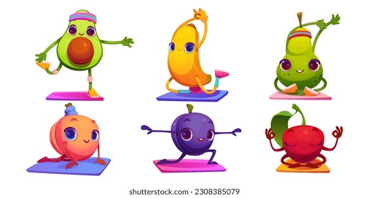 Cartoon set of kawaii fruit exercising isolated on white background. Vector illustration of avocado, banana, pear, plum, cherry and peach characters doing yoga workout on mat. Healthy lifestyle