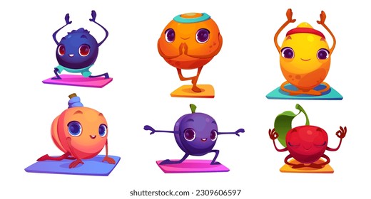 Cartoon set of kawaii fruit exercising isolated on white background. Vector illustration of blueberry, plum, cherry, orange, peach and lemon characters doing yoga workout on mat. Healthy lifestyle