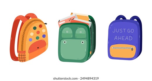 Cartoon set of kids schoolbag with books and school supplies . Cute rucksack, bag, backpack for children, students. Hand drawn back to school clipart isolated on white. Vector childish illustration.