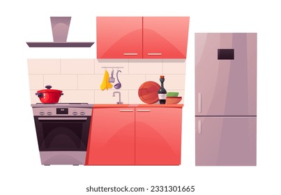 Cartoon Set of Kitchen Furniture, Household Appliances and Dishes Isolated on White. Vector Illustration of Refrigerator, Gas Stove, Cupboards and Kitchen Utensils.