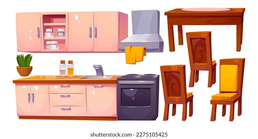 Conjunto de dibujos animados de muebles de cocina aislados de fondo blanco. Ilustración vectorial de la superficie de cocción, mesa de madera, sillas, cocina eléctrica, capilla, maceta de flores, botellas de vidrio. Elementos de diseño interior