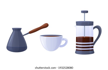 Cartoon set of kitchen tools for coffee. Vector set of mug, cezve, french press. Isolated on a white background. Coffee set
