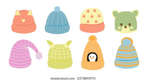 Cartoon set of knitted hats for the autumn and winter seasons for children boys and girls, isolated on a white background. Headwear designs for cold weather. Vector EPS10