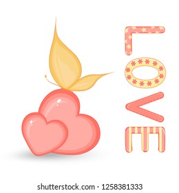 cartoon set with lettering for Valentine s day. stickers in the cute hearts with butterfly.