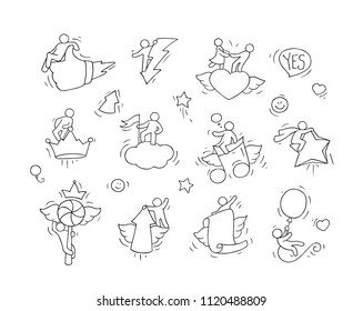 Cartoon set with lifestyle symbols. Comic hand drawn temlate with little people. Vector isolated on white background.