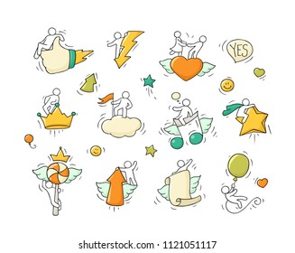 Cartoon set with lifestyle symbols. Comic hand drawn temlate with little people. Vector isolated on white background.