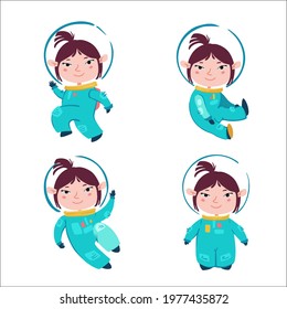 Cartoon set. Little  astronaut in space suit in four poses. 