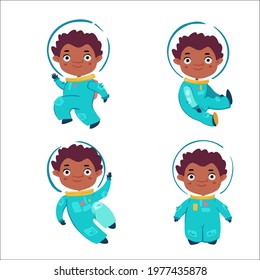 Cartoon set. Little  astronaut in space suit in four poses. 
