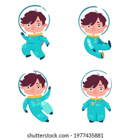 Cartoon set. Little  astronaut in space suit in four poses. 