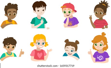 Cartoon set of little children portraits. Children of different nationalities and different gestures. Vector illustration. Place for text. Isolated on a white background for banners.