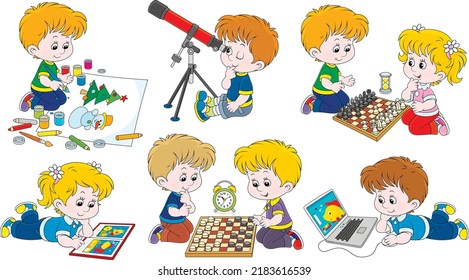 Cartoon set of little kids playing a computer game, chess, draughts, a telescope, drawing and reading