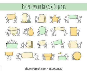 Cartoon set of little people with blank spaces. Doodle cute workers with banners. Hand drawn vector illustration for business design.