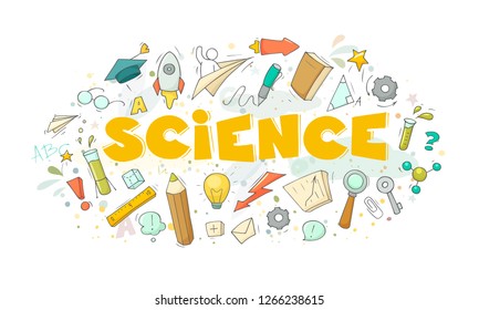 Cartoon set with little people and education symbols. Doodle cute miniature scene of workers with books, rocket. Hand drawn vector illustration for science design.