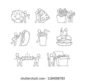 Cartoon set with little people and fast food. Doodle cute miniature scene of workers with burger, potato. Hand drawn vector illustration for menu design.