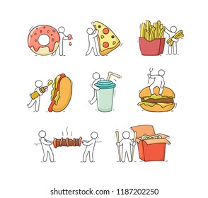 Cartoon set with little people and fast food. Doodle cute miniature scene of workers with burger, potato. Hand drawn vector illustration for menu design.