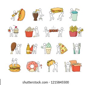 Cartoon set with little people and fast food. Doodle cute miniature scene of workers with taco, popcorn. Hand drawn vector illustration for menu design.