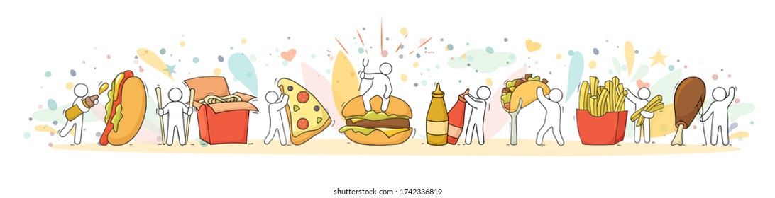 Cartoon set with little people and fast food. Doodle cute miniature scene of workers with hotdog, taco. Hand drawn vector illustration for menu design.