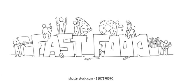 Cartoon set with little people and text Fast food. Doodle cute miniature scene of workers with pizza, potato. Hand drawn vector illustration for menu design.