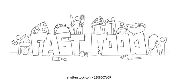 Cartoon set with little people and text Fast food. Doodle cute miniature scene of workers with pizza, potato. Hand drawn vector illustration for menu design.
