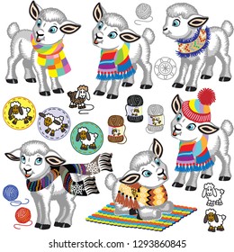 cartoon set of little  sheep wearing a warm knitted scarf and hat . Yarns of lamb wool . Isolated vector illustrations