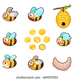 Cartoon set of living and dead bees with hive, honeycomb, bee larva