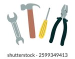 Cartoon set of locksmith tools. Wrench, hammer, screwdriver and pliers. Vector devices isolated on white background. Grey, green, yellow and brown colors. Designs for use in card, stickers, banner.