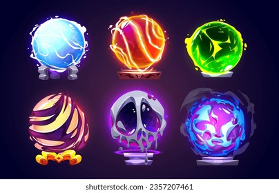 Cartoon set of magic energy balls isolated on background. Vector illustration of fantasy fortunetelling crystals on pedestals with neon blue ice, hot lava, green lightning, space portal effects