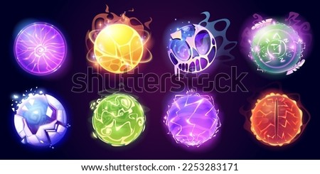 Cartoon set of magic fortune telling balls. Vector illustration of mysterious energy spheres for future prediction. Witchcraft glass orbs glowing isolated on dark background. Suprenatural power symbol