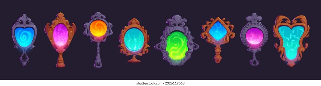 Cartoon set of magic mirrors isolated on background. Vector illustration of vintage glass accessory in wooden, stone, iron retro frames with elegant decoration. Fortunetelling portal, game asset