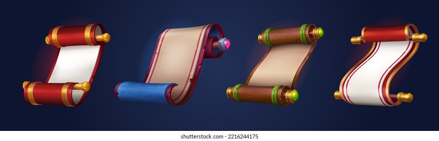 Cartoon set of magic parchment paper scrolls isolated on dark background. Collection of ancient rolled documents, vintage letters, manuscripts decorated with gemstones. Game props vector illustration