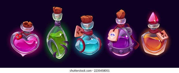 Cartoon set of magic potion bottles isolated on black background. Vector illustration of different shape glass jars with colorful substances. Witch poison, love elixir, spell ingredient. Game props