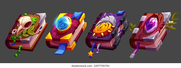 Cartoon set of magic spell books isolated on background. Witchcraft volumes with bird skull, blue and purple gemstones, wooden and stone charm decorations on cover. Game props vector illustration