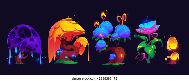 Juego de dibujos animados de árboles mágicos y flores aisladas en un fondo negro. Ilustración vectorial de plantas de cuento de hadas brillando con colores de neón, fantásticos elementos de diseño de jardines tropicales, naturaleza en el planeta alienígena