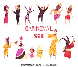 Cartoon set of male and female people wearing colorful carnival party costumes isolated on white background vector illustration