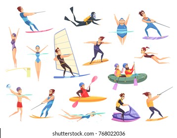 Cartoon set of male and female people doing various kinds of water sports isolated on white background vector illustration