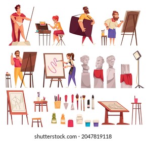 Cartoon set of male and female professional artists at work and various tools for art and painting isolated on white background vector illustration