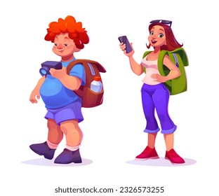 Cartoon set of male and female tourist characters isolated on white background. Vector illustration of young man with backpack and camera, excited young woman with rucksack and smartphone in hand