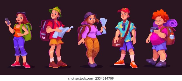 Cartoon set of male and female tourist characters isolated on background. Vector illustration of happy people go sightseeing with travel backpacks, maps, smartphone, camera. Enjoying trip on vacation