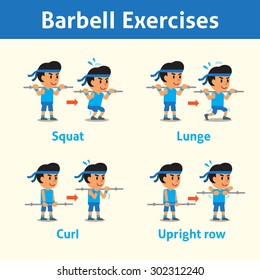 Cartoon set of a man doing barbell exercise step for health and fitness