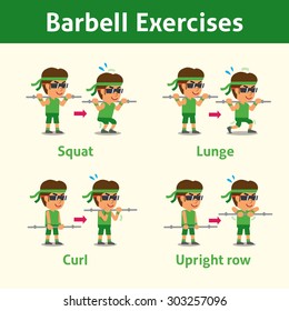 Cartoon set of man doing barbell exercise step for health and fitness