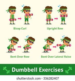 Cartoon set of man doing dumbbell exercise step for health and fitness