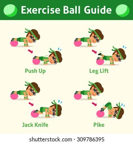 Cartoon set of man doing exercise ball step for health and fitness