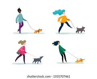 Cartoon set - man walking with a dog. Flat funny illustration - woman with running puppy. Vector isolated on white background.