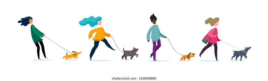 Cartoon set - man walking with a dog. Flat funny illustration - woman with running puppy. Vector isolated on white background.
