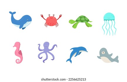 Cartoon set marine animals. Vector illustration turtle dolphin whale seal jellyfish crab octopus.